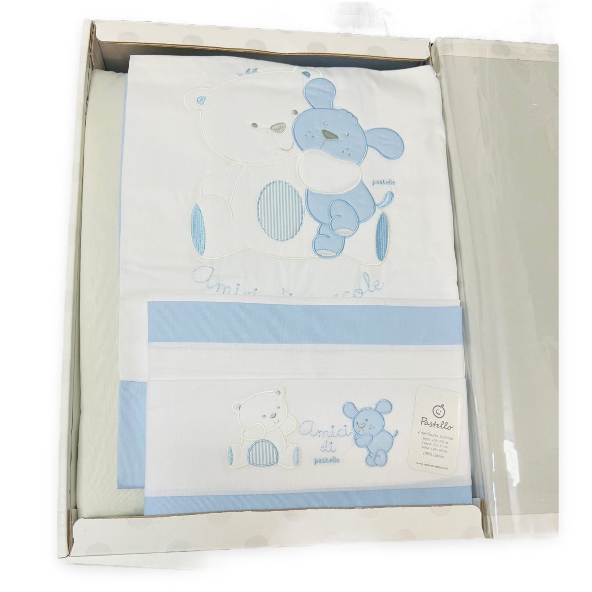 Completo trapunta lettino con lenzuola e paracolpi Pastello