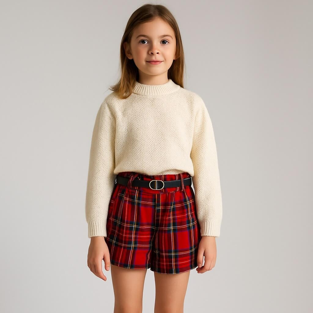 Shorts in Flanella Scozzese con Cintura